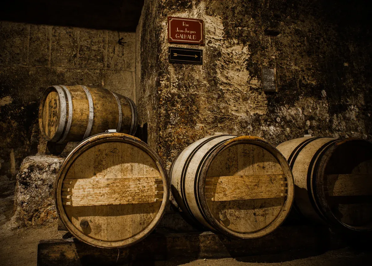 Oak barrels in the ageing cellar of Château La Rose Brisson, Saint-Émilion, seen on a Bordeaux wine day tour